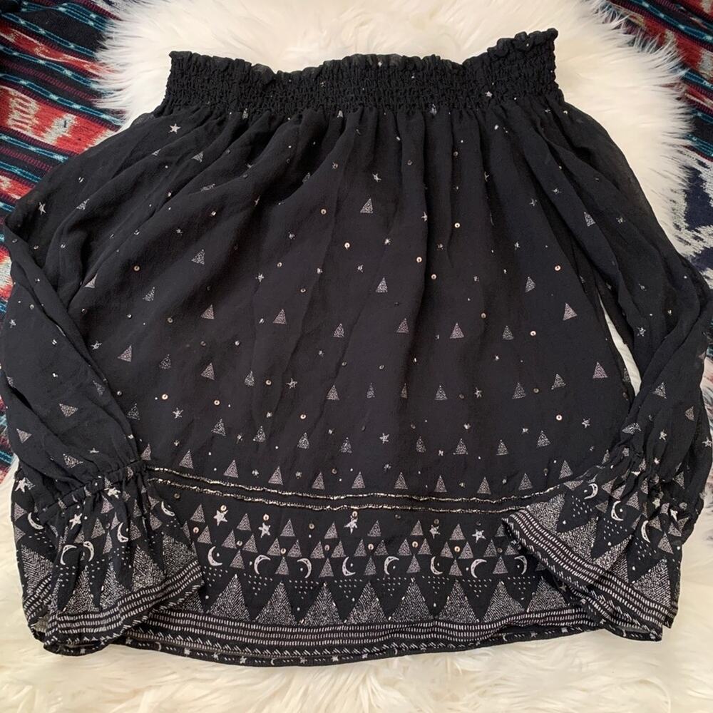 Joie off the Shoulder 100% Silk Celestial Black Ruched Blouse Top sz XS - Picture 3 of 8